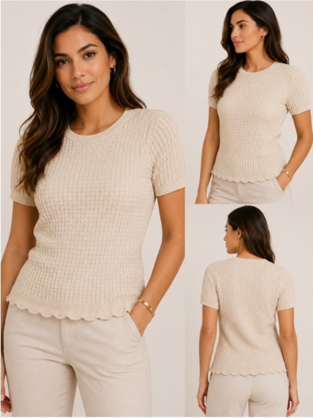 Scallop-Hem Knit Short-Sleeve Top in Beige